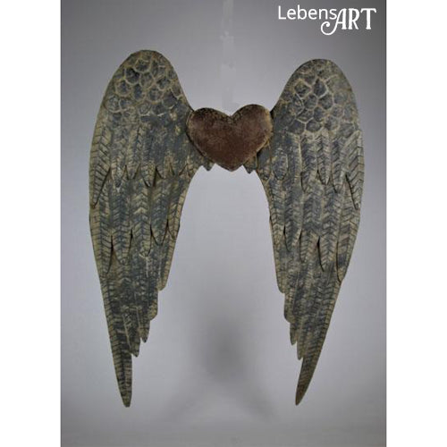 Engels-Flügel mit Herz - Metall lackiert - Grau Silber Rot - B.79 H.113 T.8 cm