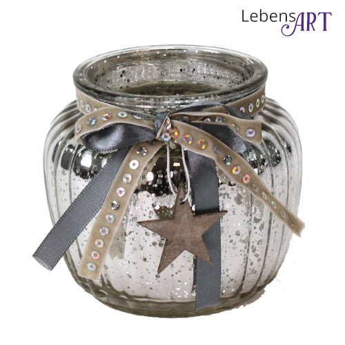 Windlicht - Glas - silber - mit Samt-Band und Holzstern - D.11 H.10 cm