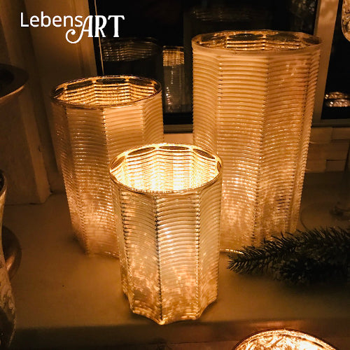 Windlicht - Glas - Weiß-Gold/Silber - H.17 cm - D.11 cm - 9-eckig - Indoor