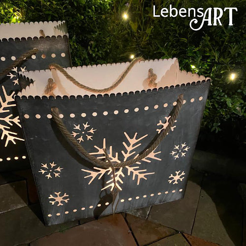 Tasche - aus Zinkblech - Silber/Weiß - Schneeflocke - L.33 H.32 T.14 cm - Indoor/Outdoor