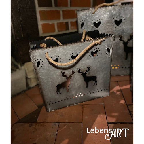 Tasche - aus Zinkblech - Silber/Schwarz - Rentier-Motiv - L.33 H.32 T.14 cm - Indoor/Outdoor