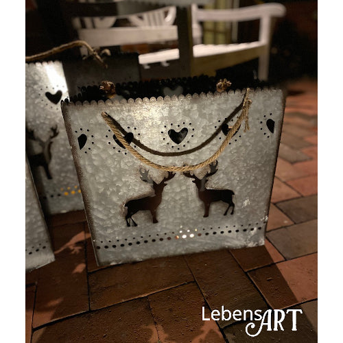 Windlicht Tasche Zinkblech - Silber/Schwarz - Rentier-Motiv