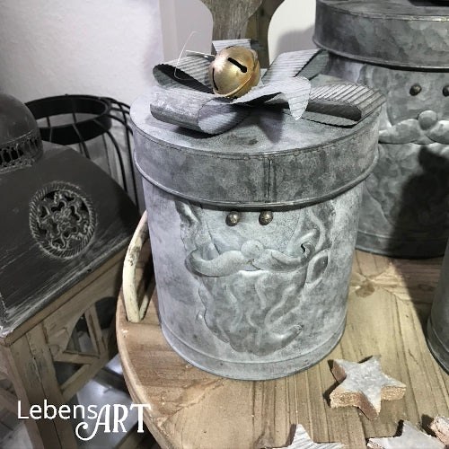 Dose - aus Zinkblech - Silber/Grau - Nikolaus-3D-Motiv - mit Schleife Glocke - D.14 H.15 cm - Indoor/Outdoor