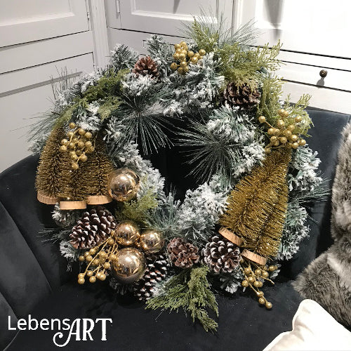 Weihnachts-Kranz - aus Kunststoff-Ästen - geweißt - Grün/Gold - D.50 cm außen - komplett