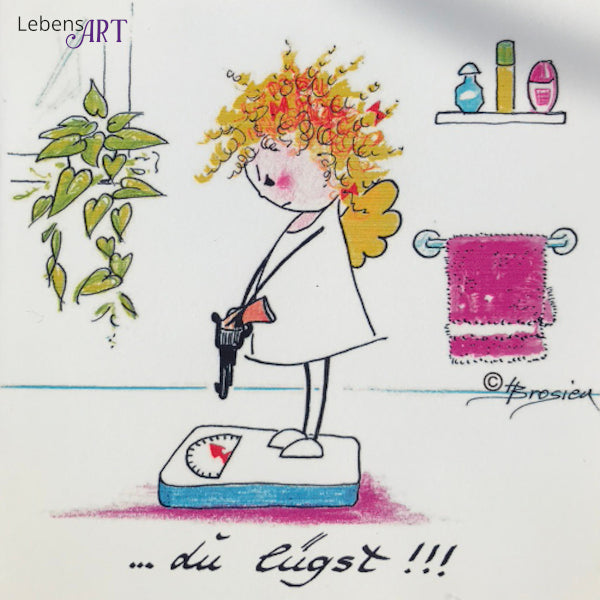 Holzbild Engel auf Waage "du-lügst"