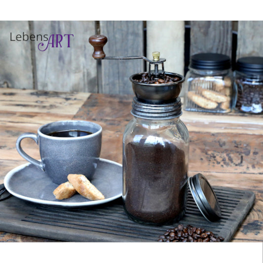 Kaffeemühle Handkurbel Glasbehälter verschließbar