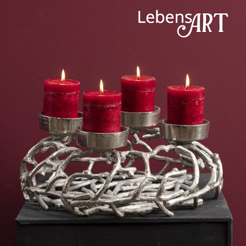 Kranz aus Ästen - Metall / Aluminium vernickelt - 4 Kerzenhalter - D.39 H.15 cm - TOP-Qualität