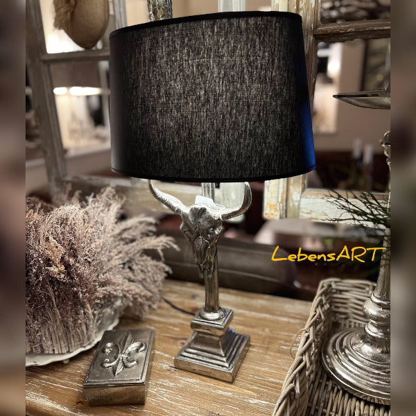 Tischlampe Stier-Kopf Alu-Guss Baumwolle schwarz