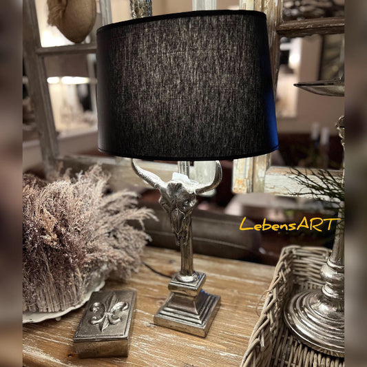 Tischlampe Stier-Kopf Alu-Guss Baumwolle schwarz